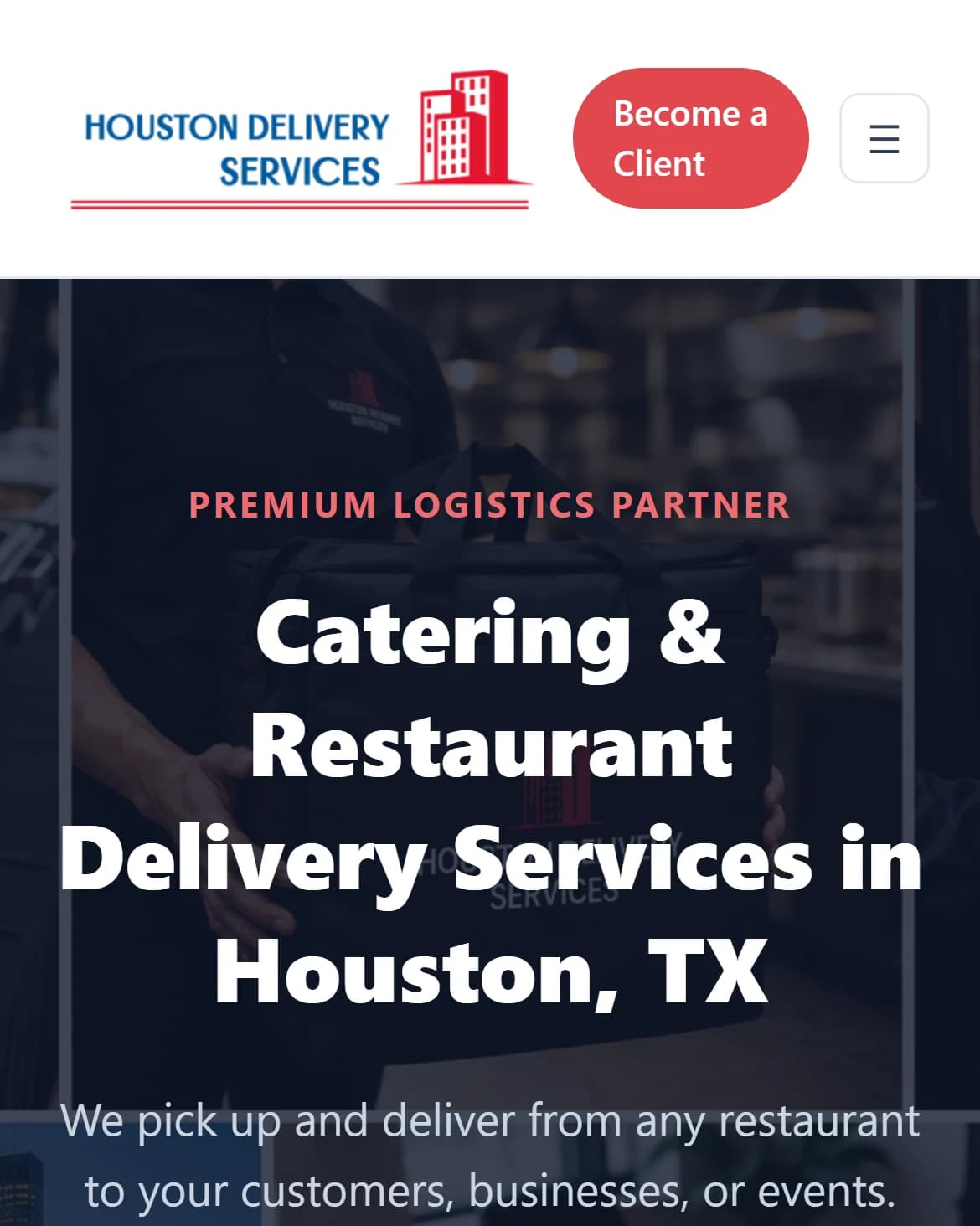 Delivery service website homepage on a phone: logo, sign-up button and menu button above a headline
