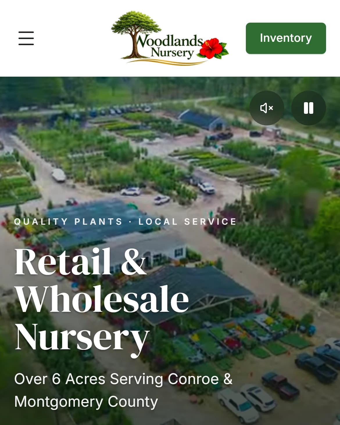 Plant nursery website homepage on a phone: menu, logo and inventory button above an aerial view of the nursery and a headline